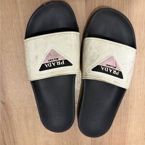 Prada Cream Strap Black Footbed Slide Sandals with Pink Logo Accent